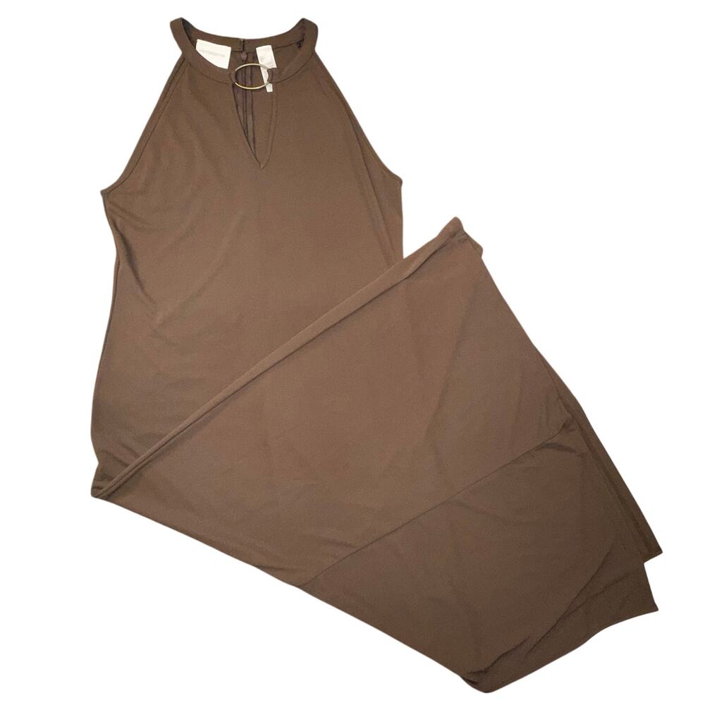 Liz Claiborne Brown Halter Neck Maxi Dress O-Ring Keyhole Sleeveless Size Large